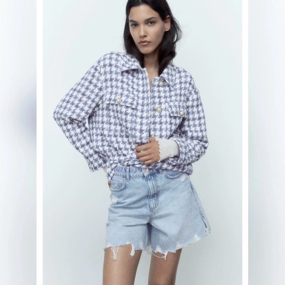 Zara Blue and Cream Tweed Jacket/ Overshirt XS - Picture 10 of 11